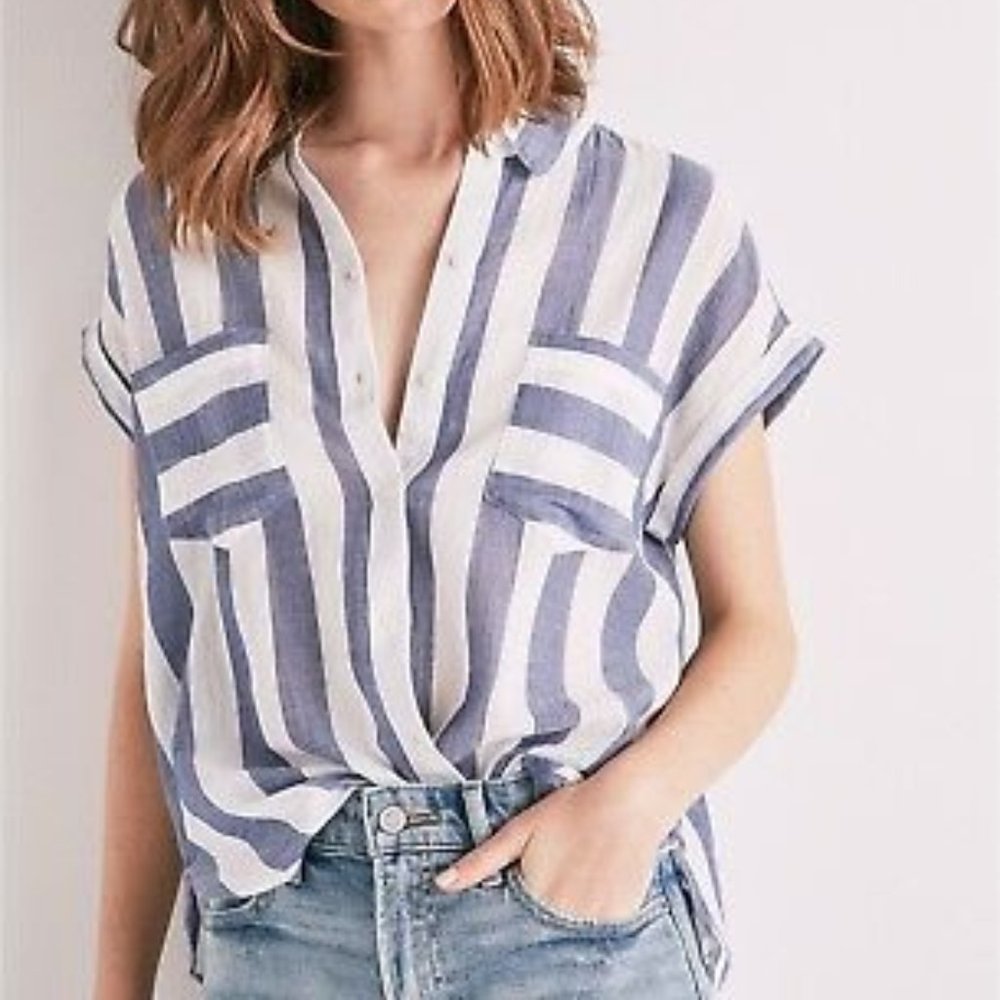 Lucky Brand Blue & White Stripe Tie Back Pocket Button Blouse Top